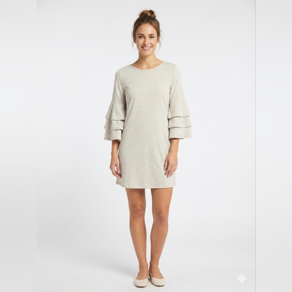 🧚‍♂️Pixi + Ivy Tiered Bell-Sleeve Mini Dress in Light Oatmeal